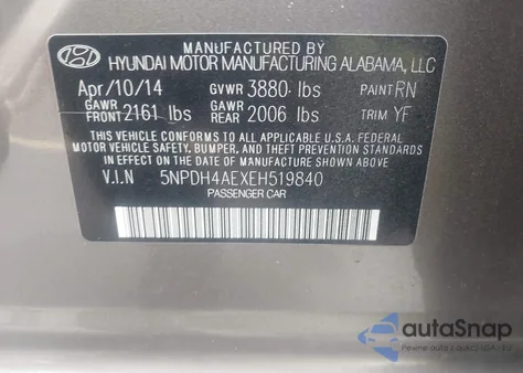 2014 Hyundai Elantra Se z USA, uszkodzony, nr VIN 5NPDH4AEXEH519840